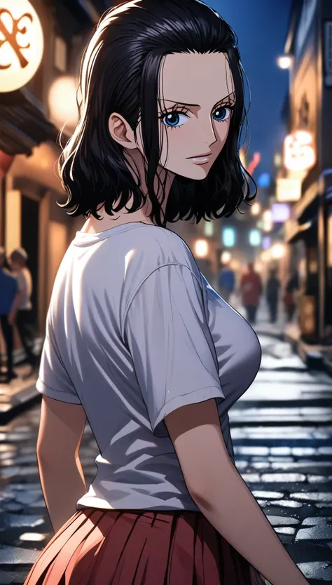 masterpiece, best quality, intricate details, 1 girl, woman, black hair, nico robin \ (one piece\), (bob cut), baseball cap, t-s...