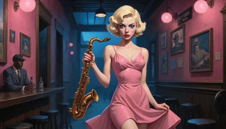 robert johnson, gritty, alabama bar, blue note, charismatic, pink dress, illustration, noir fantasy, lone blonde lady, holding saxophone