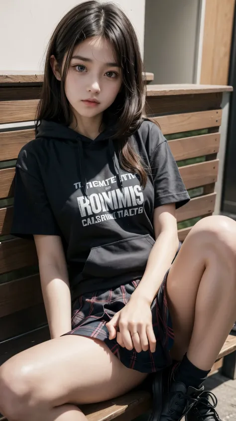 sit upright with one knee up，hand between legs，young，(plaid pleated skirt)，flat chest，black short sleeve t-shirt，hoodie，student，teenage girl，black haired，delicate and body，in house