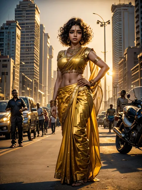 a beautiful tamilnadu indian woman with curly hair standing on marina beach in chennai, wearing a golden half saree, glamorous makeup, elegant pose,people and traffic in the background, high quality detailed portrait, realistic lighting, cinematic composit...