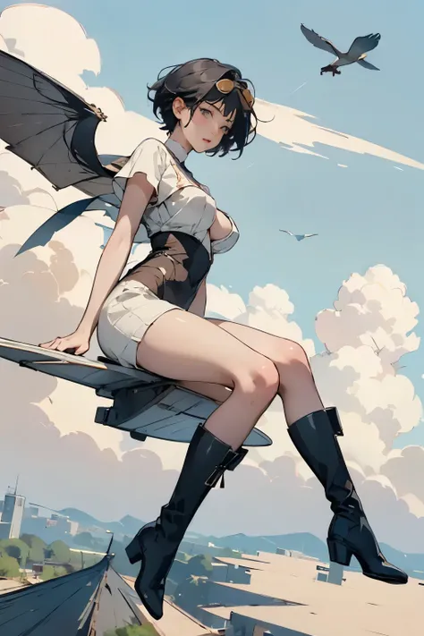  beautiful girl with high breasts、Fly through the sky piloting a bird-shaped glider、Alone、 short cut hair、(goggles)、boots、Best Quality、  High Resolution  、masterpiece、wallpaper、8k、