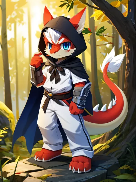 nj5furry，kemono，full-length portrait，anthro，hi res，male，White hair，dragon，Orange Skin，strong，adventurer，dragon角，Black hood， fluffy hair ，White Armor，Short sleeve，trousers， bandage leggings ，Metal Gauntlets，Black cape，A tail，毛绒dragon尾， white plush paws，Gold...