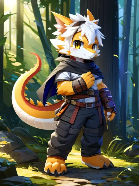 nj5furry，kemono，full-length portrait，anthro，hi res，male，White hair，dragon，orange-red skin，strong，adventurer，dragon角，Black hood， fluffy hair ，White Armor，Short sleeve，trousers， bandage leggings ，Metal Gauntlets，Black cape，A tail，毛绒dragon尾， white plush paws，...