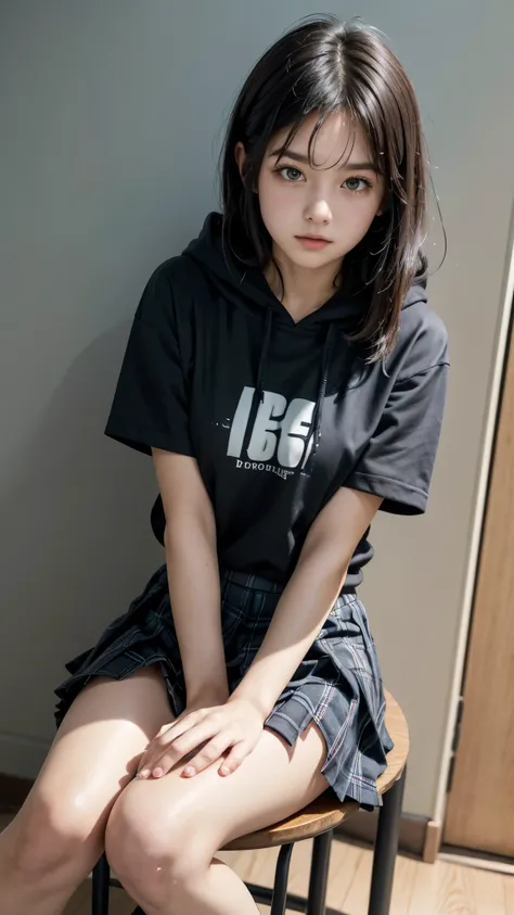 sit upright with one knee up，hand between legs，young，(plaid pleated skirt)，flat chest，black short sleeve t-shirt，hoodie，student，teenage girl，black haired，delicate and body，in house