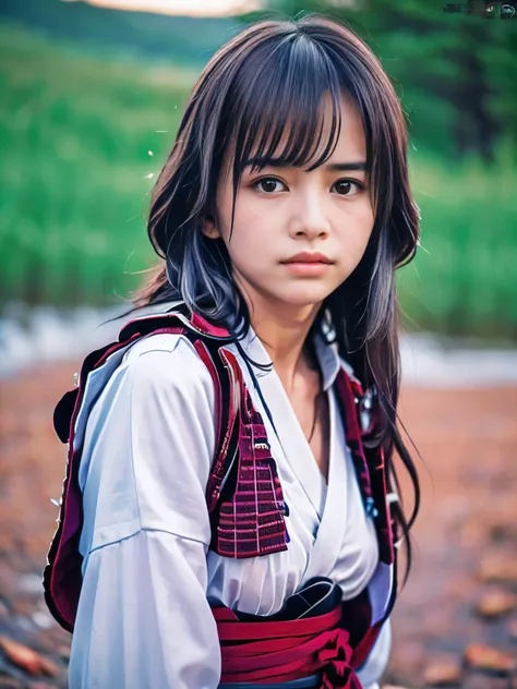 (close up portrait of one slender small breasts half up brown long hair with bangs girl in a white colored samurai armor:1.5)、(o...