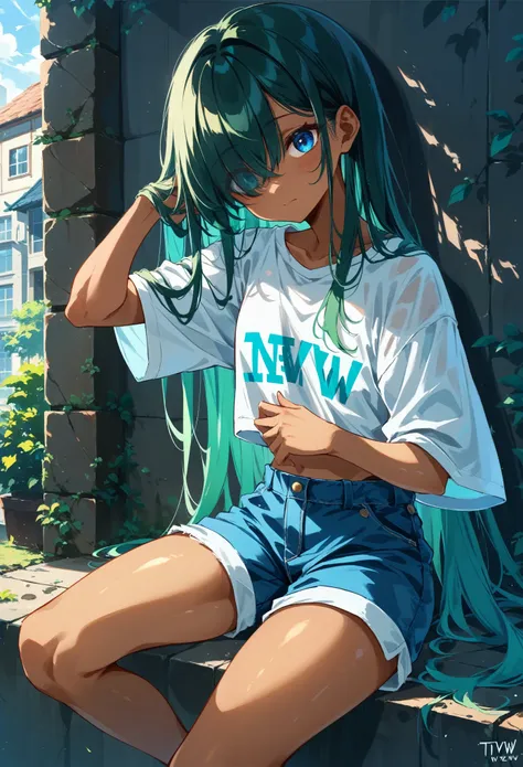 (nsfw:2.0), Eyes seen through gaps in hair  / bangs,( Hair covering one eye),、blue eyes,((cute tanned girl)),(( shorts )),green long hair