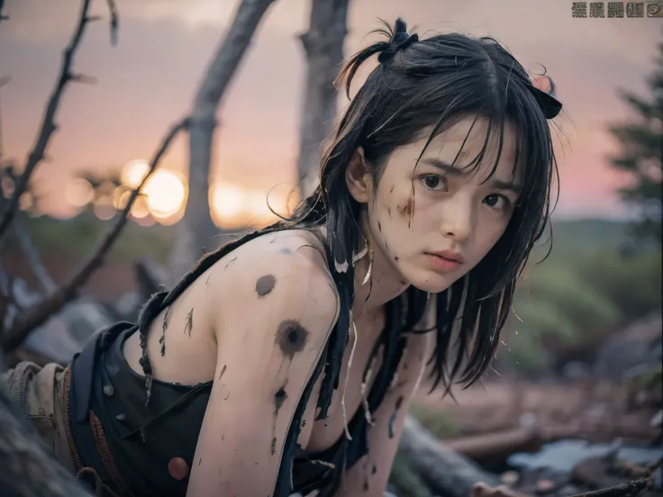 (Low angle shot of one slender small breasts two side up black medium hair with bangs girl in a samurai black armor:1.5)、(One girl is lying with her back behind on the wilderness land at the Sengoku period in Japan with crying dirty sperm splashed face:1.5...