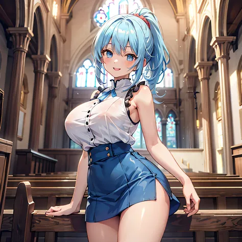  Anime Moe Art Style ,Best Quality, High Resolution , anatomically correct,Mid-teens,Super detailed,Big Breasts, Glossy Skin,Beautiful Skin,A rich expression, girl with light blue hair in a ponytail,Bright smile, sleeveless blouse , miniskirt in Shinjuku,C...