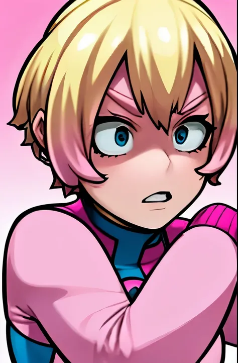 horikoshi kouhei, 1girl, gwenpool, my hero academia,pink suit, official art, pale skin, serious, short hair, blonde, pink ombre, blue eyes