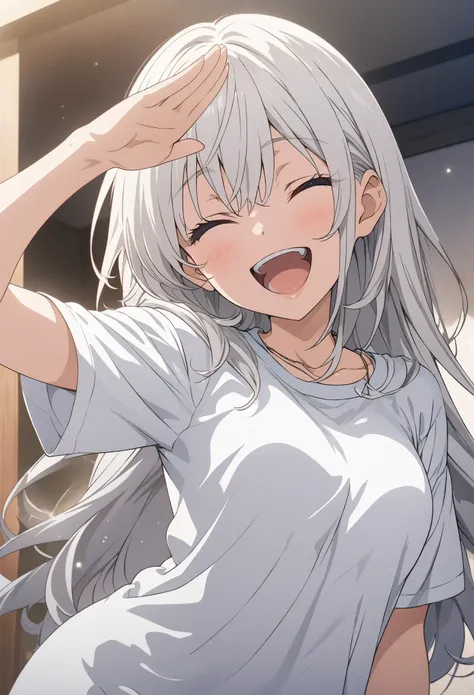 masterpiece, Best Quality,  high-definition CG Unity 8K wallpaper , High school girl anime illustration. She wears a big long t-shirt 、salute、 she closes her eyes and opens her mouth, smile. White hair color