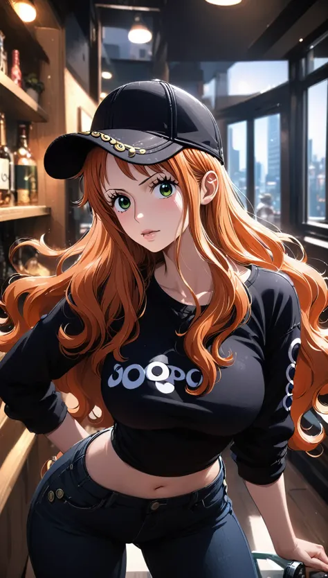 masterpiece, best quality), intricate details, 1 girl, woman, orange hair, nami  (one piece), (long hair), baseball cap, black t-shirt, open fur jacket, large breast, black jeans, female focus, indoors, city, looking at viewer, ((front view)) ((close up sh...