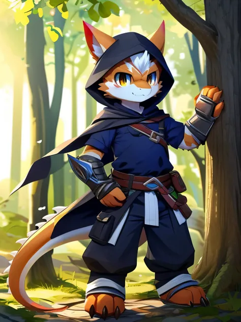 nj5furry，kemono，full-length portrait，anthro，hi res，male，White hair，dragon，Orange Skin，strong，adventurer，dragon角，Black hood， fluffy hair ，White Armor，Short sleeve，trousers， bandage leggings ，Metal Gauntlets，Black cape，A tail，毛绒dragon尾， white plush paws，Gold...