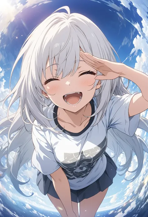 masterpiece, Best Quality,  high-definition CG Unity 8K wallpaper , High school girl anime illustration. She wears a big long t-shirt 、salute、 she closes her eyes and opens her mouth, smile. White hair color, Fisheye Lens、