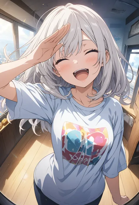 masterpiece, Best Quality,  high-definition CG Unity 8K wallpaper , High school girl anime illustration. She wears a big long t-shirt 、salute、 she closes her eyes and opens her mouth, smile. White hair color, Fisheye Lens、