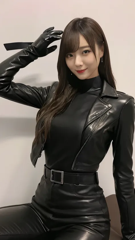 black leather rider jacket, Office in the Dark, Black leather gloved fingertips on both hands,Wearing black leather gloves,Sitting in a black leather chair、 Japanese female new recruits (Black leather gloves cover both hands) (The angle is horizontal)、Blac...