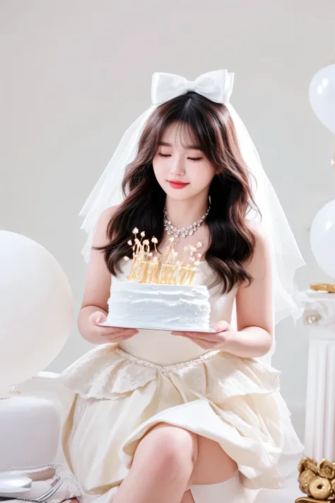 araffe woman in a wedding dress holding a cake with candles, cake in hand, holding a birthday cake, tiffany, cake, inspired by Kim Jeong-hui, happy birthday, captured on canon eos r 6, heonhwa choe, jaeyeon nam, lee ji - eun, lee ji-eun, eating cakes, guwe...