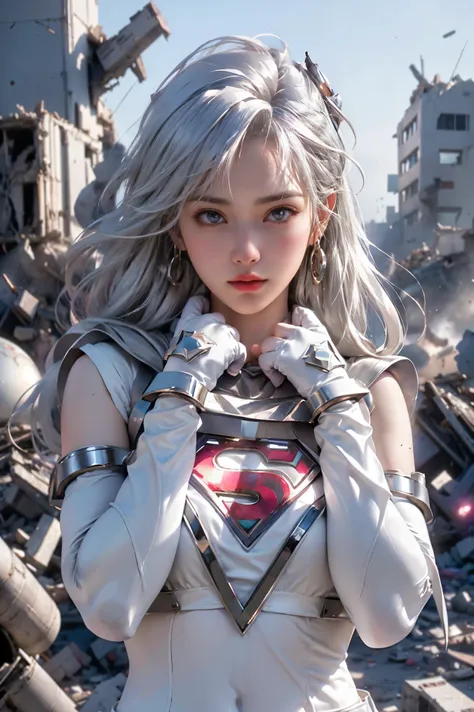 (White Superhero Theme Supergirl),( Apocalyptic city destroyed:1.4),(superchica:1.4), (gray white hair ),More detailed 8K.unreal engine:1.4,UHD,La Best Quality:1.4, photorealistic:1.4, skin texture:1.4, Masterpiece:1.8,first work, Best Quality,object objec...