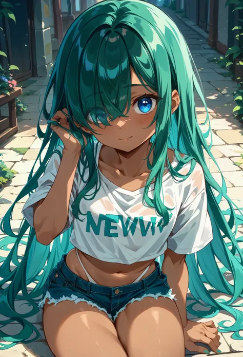 (nsfw:2.0), Eyes seen through gaps in hair  / bangs,( Hair covering one eye),、blue eyes,(( cute young tanned girl)),((Naughty clothes with lots of exposure )),green long hair