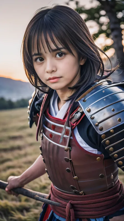 (Close up portrait of one slender small breasts round face brown short hair with bangs girl in a dirty green colored armor warrior as samurai in Japan:1.5)、(One girl is fighting pose with a white-bladed sword on the grassland in Japan with crying dirty fac...