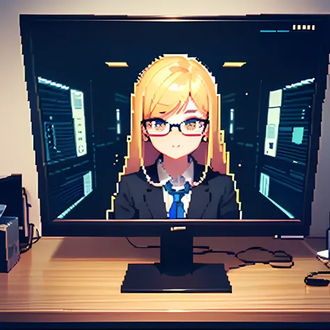  Old big computer  , cables around  ,  two golden pixel eyes drawn on the blue screen,(( pixelart girl inside the computer screen golden hair)),((glasses of vision)), ((black Japanese school jacket)) (( looking at the viewer )), ((High quality, 4k)),((Pixe...