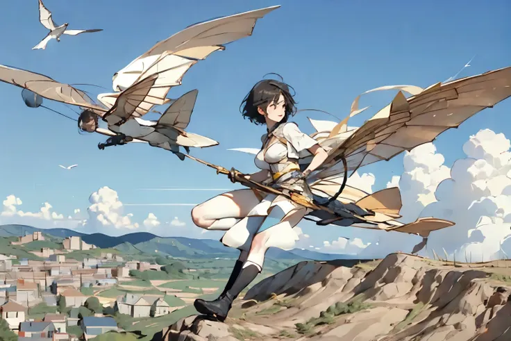  beautiful girl with high breasts、 fly in the sky on a glider in the shape of a birds wing、Take off from a cliff 、Draw the shape of a glider accurately、Alone、 short cut hair、(goggles)、boots、 blue sky and white clouds 、 see a rural cityscape below 、Detailed...