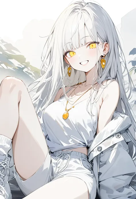 a girl with white hair,long hair,hime cut,yellow bangs,albino with yellow eyes, narrow eyes,grin,knee up,wearing a white shirt,b...