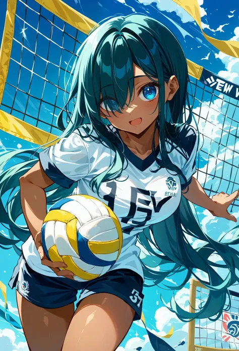 ((nsfw:2.0)), Eyes seen through gaps in hair  / bangs,( Hair covering one eye),、blue eyes,((cute tanned girl)),((Volleyball Player)),green long hair