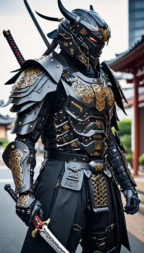 dressed in a black suit holding a sword,cyborg samurai, cyber japan samurai armor, cyberpunk samurai, full samurai armor, bio - ...