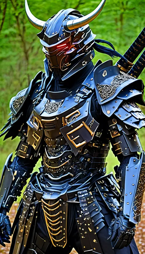 dressed in a black suit holding a sword,cyborg samurai, cyber japan samurai armor, cyberpunk samurai, full samurai armor, bio - ...