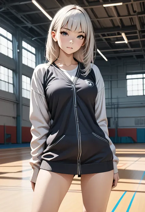 best quality, highres, photo realistic, perfect anatomy, extremely detailed, detailed face, detailed body, high quality, white loose socks, JK, cute girl, 18yo, young face, medium curvy hair, white hair, medium breasts, overly sleeve cardigan, skinny body,...