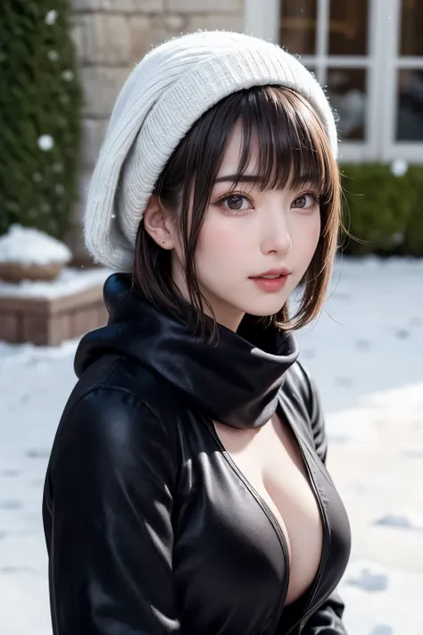 (masterpiece,  best quality),One Girl, Alone, Black-haired, scarf, Have, Realistic, Realistic, Gazing at the audience, Light-coloured black eyes, Short Brunette Bob,  brown coat, Winter clothes, White headscarf, No lips allowed, Outdoor, Mouth closed,  upp...