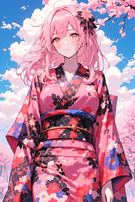 straight on, looking at viewer, ((realistic)), ((((pink)))), (((red))), ((black)), ((blue sky)), (floral print diamond pattern kimono, sash), ((long messy flowing pink hair)), standing, (((arms behind back))), ((cherry blossoms)), (pale skin tone), (red li...