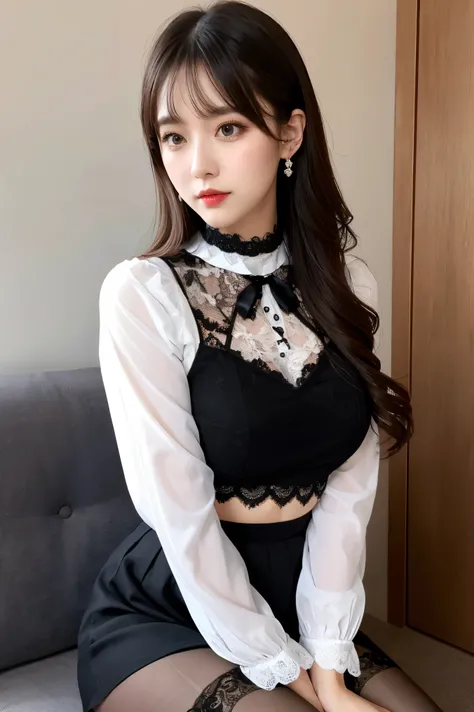 (Super detailed:1,4), ((masterpiece)),  best quality, One Girl,  eyeshadow,  upper body, Portrait, full lace pencil skirt、Black lace skirt、 Super Realistic Pantyhose ,  white shirt、 black choker、