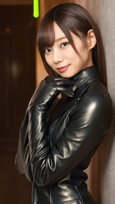 black leather rider jacket, Office in the Dark, Black leather gloved fingertips on both hands,Wearing black leather gloves,Sitting in a black leather chair、 Japanese female new recruits (Black leather gloves cover both hands) (The angle is horizontal)、Blac...