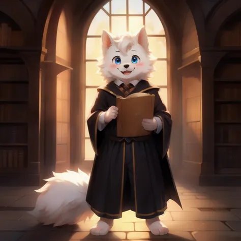 Samoyed, boy, cute, blush, happy face, Blue eyes, Harry Potter costume, Standing, Barefoot,