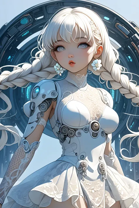 white hair, white woman, white eyes, white lace dress, ((best quality)), ((masterpiece)), (detailed), cyberpunk, mecha, ((japanese girl)), surreal, art nouveau, in the illustrative style of moebius, ethereal, medium breasts, cleavage, ulzzang, 