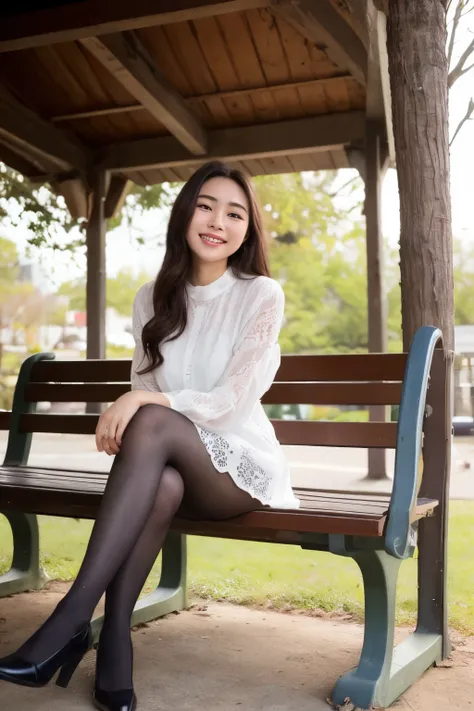 ulzzang-6500-v1.1,  (Best Quality: 1.3), (masterpiece: 1.3), (Super detailed: 1.3), (Genuine:1.4), (masterpiece), １woman、sunlight、Quiet park bench、Spring fashion、 Super Realistic Pantyhose :1.3、amazingly beautiful woman、A kind smile、Romantic love sensation...