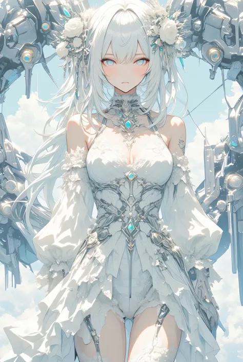 white hair, white woman, white eyes, white lace dress, ((best quality)), ((masterpiece)), (detailed), cyberpunk, mecha, ((japanese girl)), surreal, art nouveau, in the illustrative style of moebius, ethereal, big breasts, cleavage, ulzzang, 