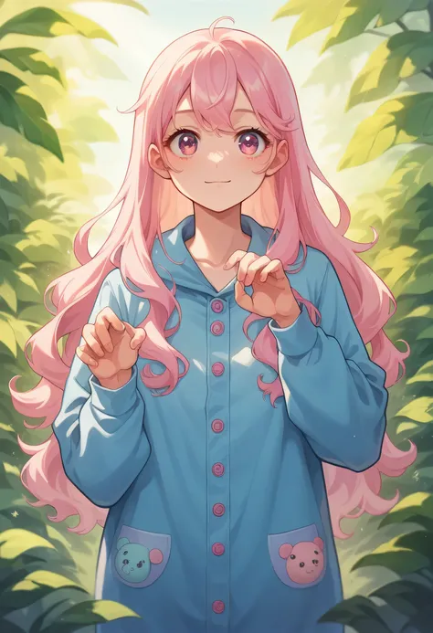 ((cute girl anime character in a onesie)), pastel blue and pink colors, (beautiful eyes), ((long hair)), energetic pose, sunny pastel background, sunrays, 1980 anime aesthetic, professional graphic design, Trending on ArtStation, Cinematic Lighting, 8K, ((...