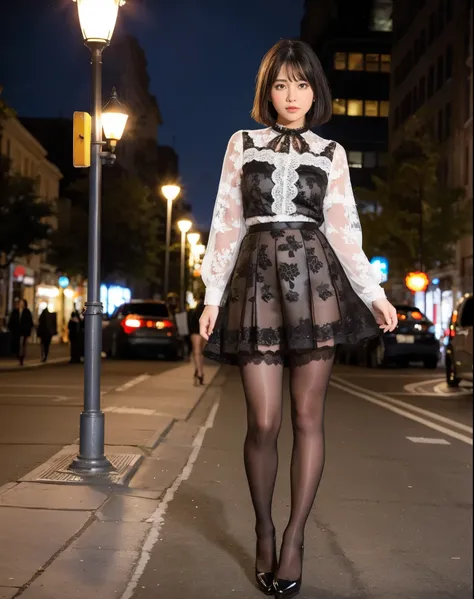 Cute young woman, Short black hair,   Brown Eyes  ,  is wearing a full lace dress, full lace pencil skirt、Black lace skirt、  white shirt、 black choker、Im wearing high heels on my feet、 ( Super Realistic Pantyhose ), Street lamp,neon,Bustling city backgroun...