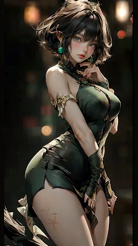 Beautiful woman bob cut hair, wearing tight dress, mini skirt, large earing, clevage, green eyes, 8k, fantasy art