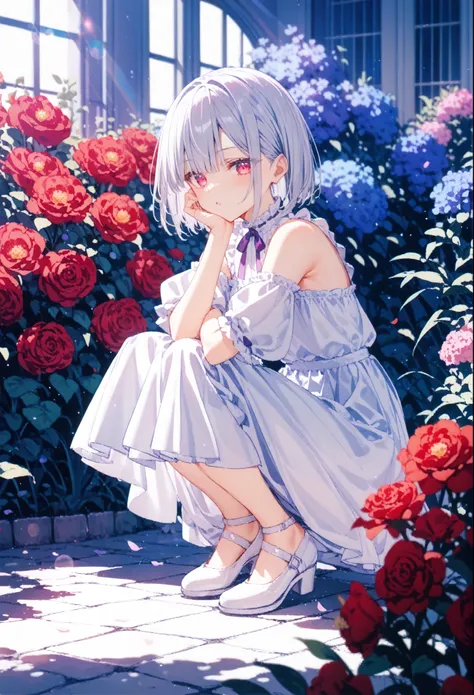 (sketch:1.3),masutepiece, top-quality, 8K ,detailed textures ,1girl,purple theme,kawaii girl silver hair,red glowing eyes,bob cut,girly white dress,squat,Lens Flare,multicolored flowers garden,high-contrast