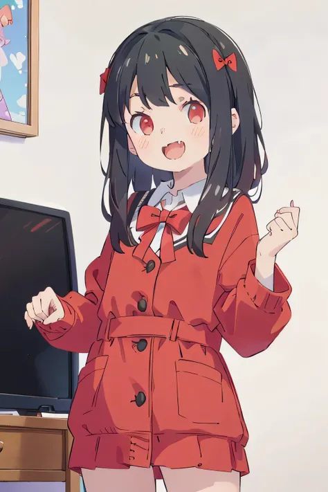 A very young cute girl with medium length black hair and red eyes her hair has a red ribbon in it she wearing a red and black school uniform open mouth fangs
