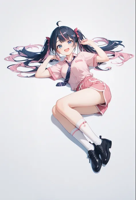 a cartoon woman is laying down wearing a pink top and shorts and black shoes, 1girl, solo, black hair, twintails, black footwear, blue eyes, pink hair, socks, virtual youtuber, smile, necktie, multicolored hair, white background, pink shorts, short sleeves...