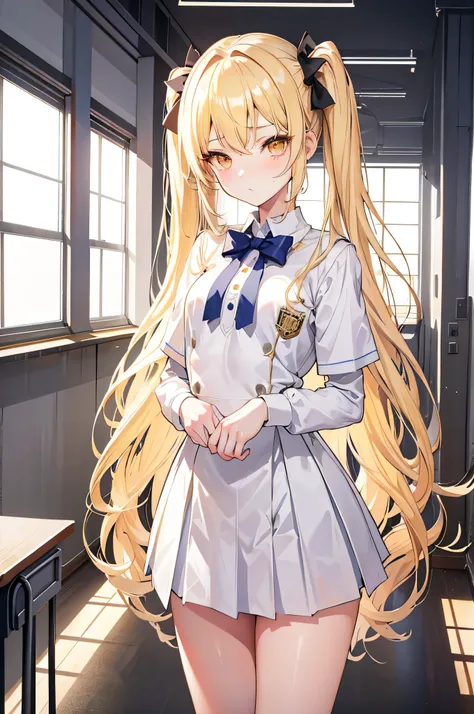 Height: 148cm,18 years old, blonde twin tails, golden eyes,Slanted Eyes,delicate,beautiful girl,Small breasts,whole body,In the classroom,School uniform, anatomically correct, Attention to Details,Super detailed, super high definition, textured skin ,maste...