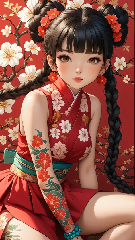 A mesmerizing, hyper-realistic and surreal illustration of a young japanese woman. She has black hair with blunt bangs, and wears a vibrant red outfit adorned with intricate floral patterns. Freckles dot her smooth, warm complexion, and bold, colorful tatt...