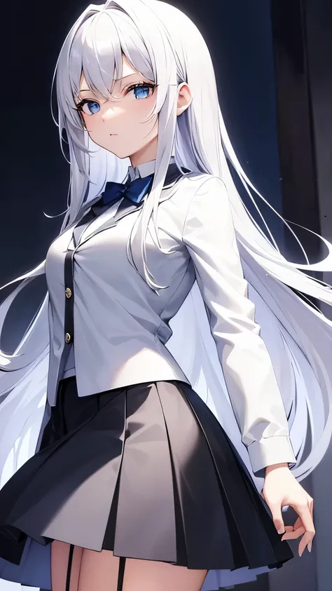 Anime style, dominant, 18 years old girl, long white straight hair. Blue eyes. Using white shirt, grey cardigan, and black circle skirt.