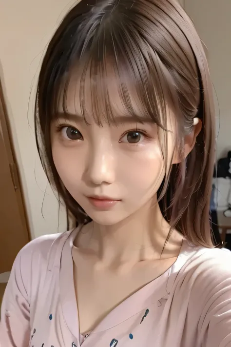 masterpiece、 super high definition、Ultra-detailed、Best Quality、girl、solo、(slim、Slender、cute)、(Face Shot) 、(No makeup)、pajamas、Messy Hair