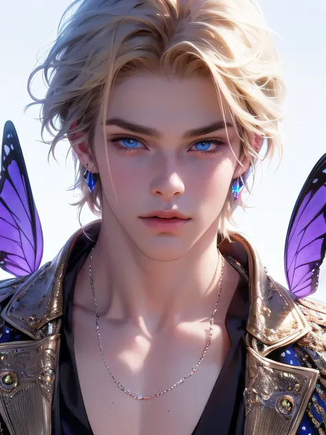 The magical look of a boy with wavy blond with purple shade hair, sharp blue eyes , sparkling eyes ! just sparkles from the eyes - such a piercing look !! White skin, Cute boy, boy with a beautiful face, Realistic anime style, the boy looks like a KPOP ido...