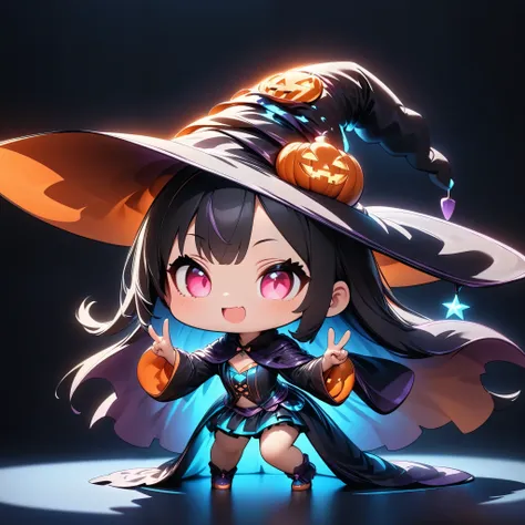 Chibi cute、Deformation、Deformationキャラクター、Halloween Witch、(Standing pose:1.4、v sign)、(Best Quality、 very detailed、 super high definition、 high contrast 、masterpiece)、 Magic effect on all fours、Neon Glowing Outfit 、Witch Robe、Witch Hat、Plain background、Chibi